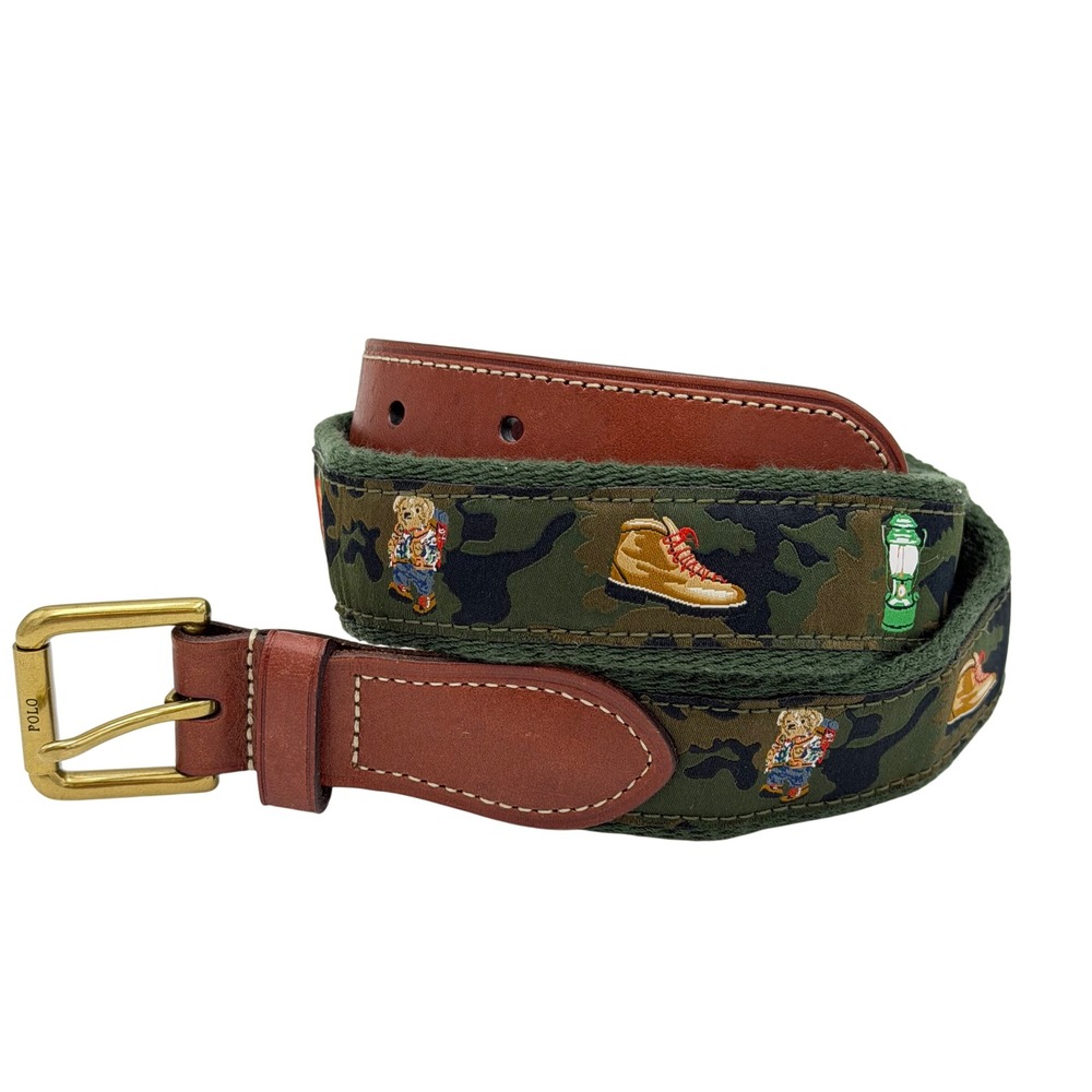 Polo Ralph Lauren Kids Camo Embroidered Hiking Polo Bear Canvas Leather Belt L